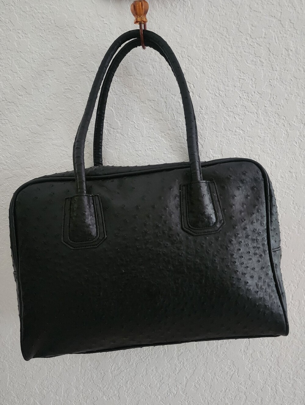 LORD & TAYLOR |  Large Black Ostrich-embossed Leather Satchel Bag